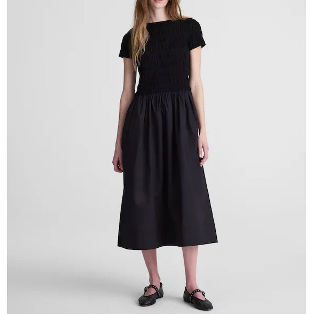 Madewell Smocked Boatneck Midi Dress Jet Black Size Small NWT